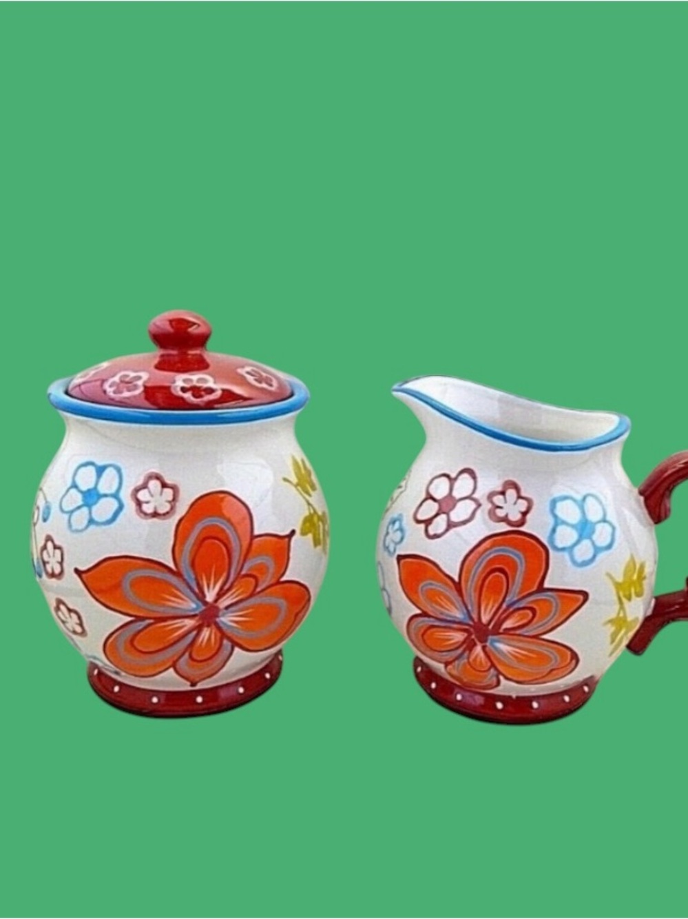 Dutch Wax Coastline Imports Hand Painted Bright Floral Lid Sugar & Creamer Set